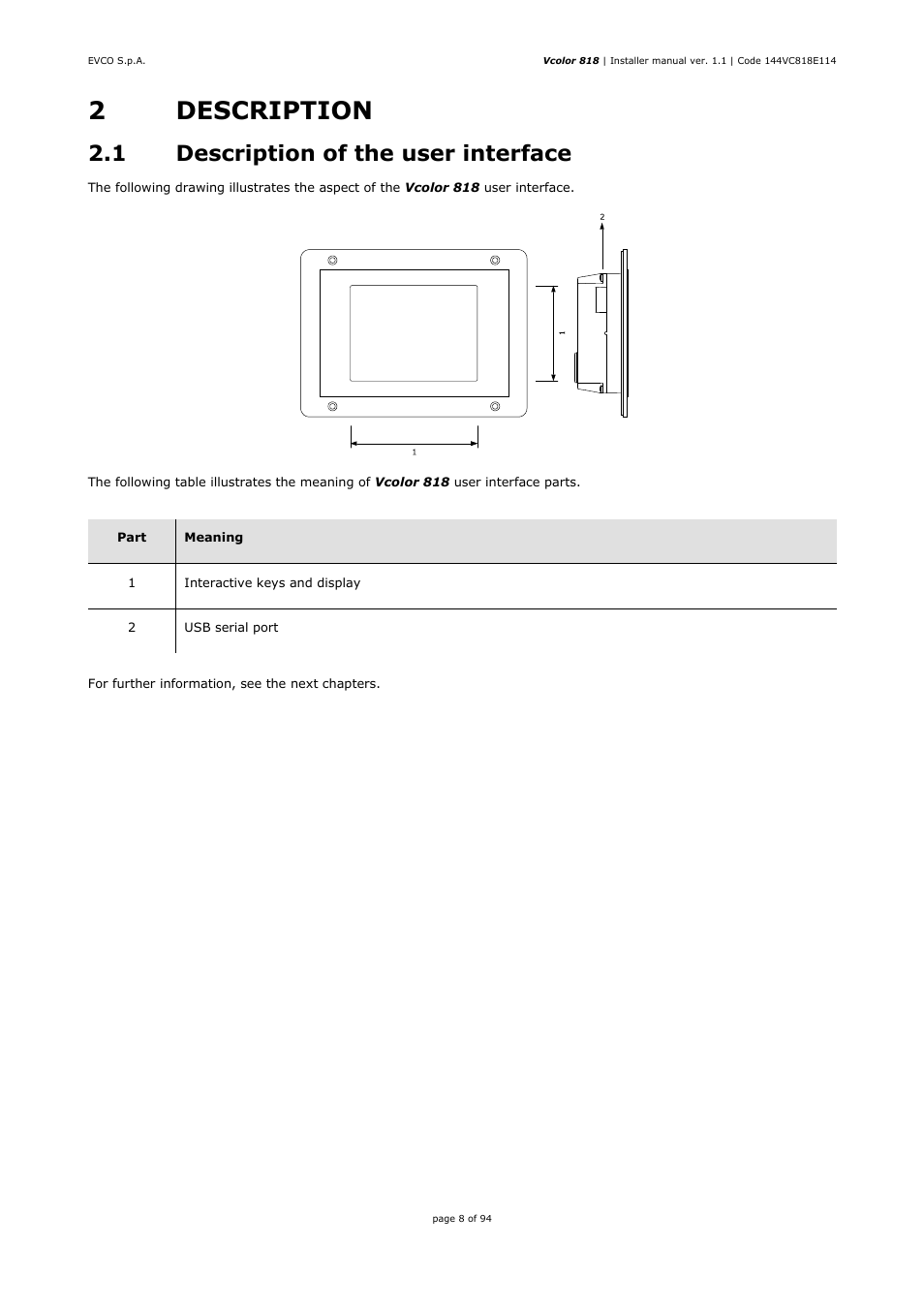 2description, 1 description of the user interface | EVCO EVCSR818P9EF User Manual | Page 8 / 94