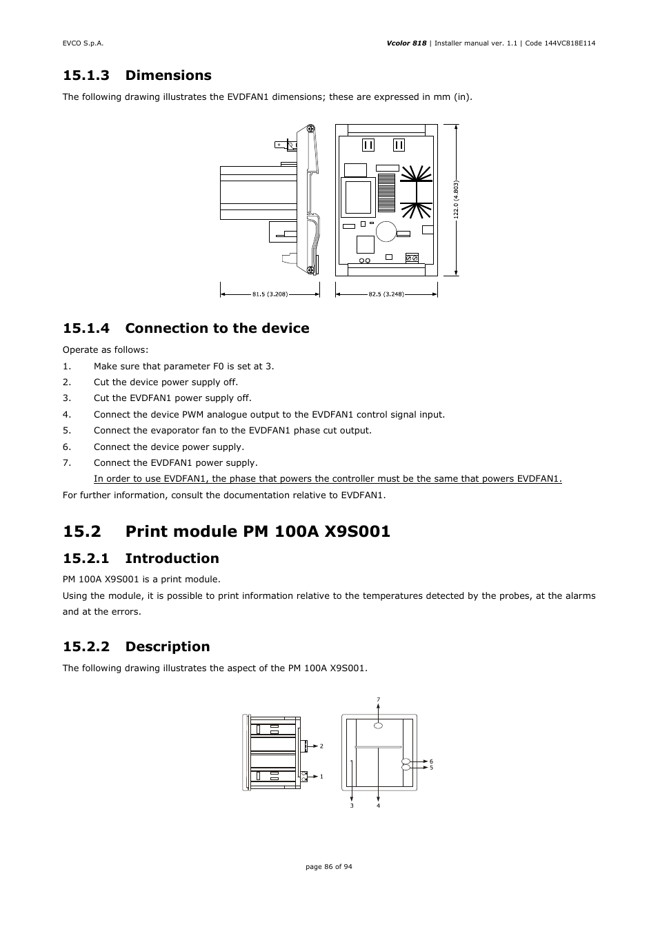 3 dimensions, 4 connection to the device, 1 introduction | 2 description | EVCO EVCSR818P9EF User Manual | Page 86 / 94
