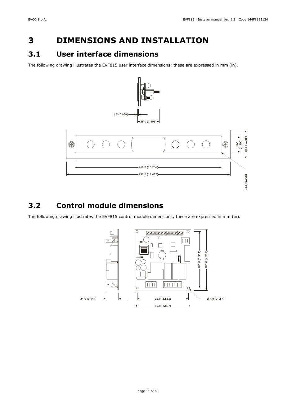 3dimensions and installation, 1 user interface dimensions, 2 control module dimensions | EVCO EVF815P9 User Manual | Page 11 / 60