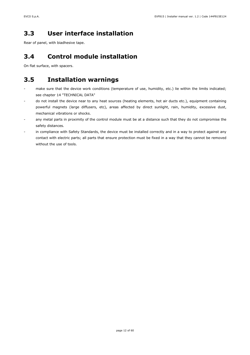 3 user interface installation, 4 control module installation, 5 installation warnings | EVCO EVF815P9 User Manual | Page 12 / 60