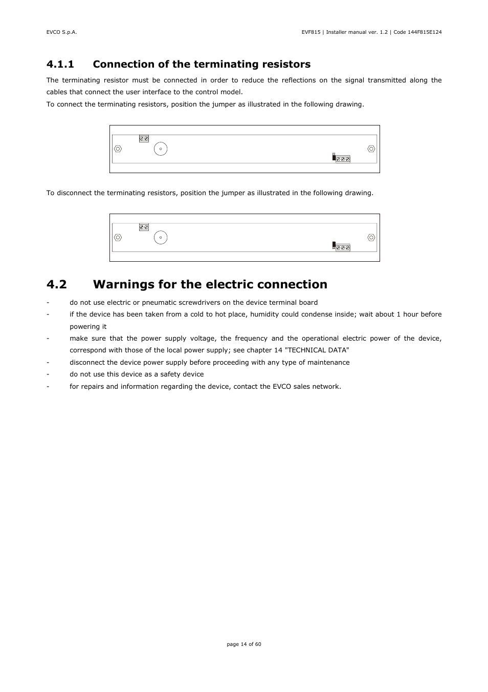 2 warnings for the electric connection, 1 connection of the terminating resistors | EVCO EVF815P9 User Manual | Page 14 / 60