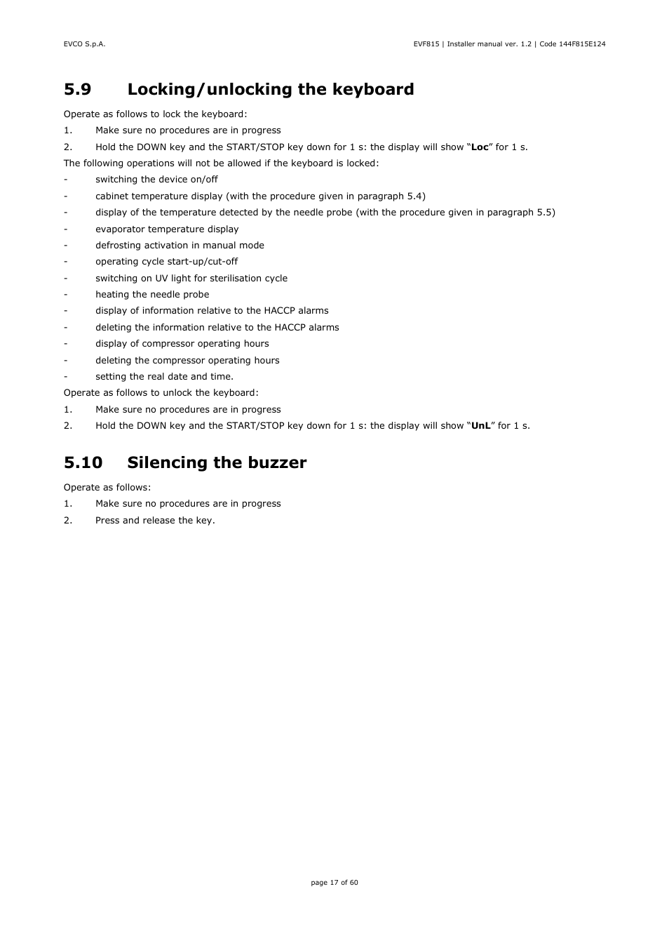 9 locking/unlocking the keyboard, 10 silencing the buzzer | EVCO EVF815P9 User Manual | Page 17 / 60