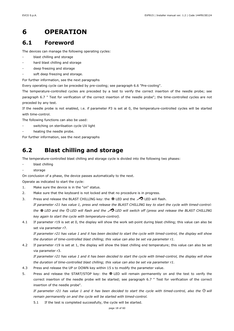 6operation, 1 foreword, 2 blast chilling and storage | EVCO EVF815P9 User Manual | Page 18 / 60