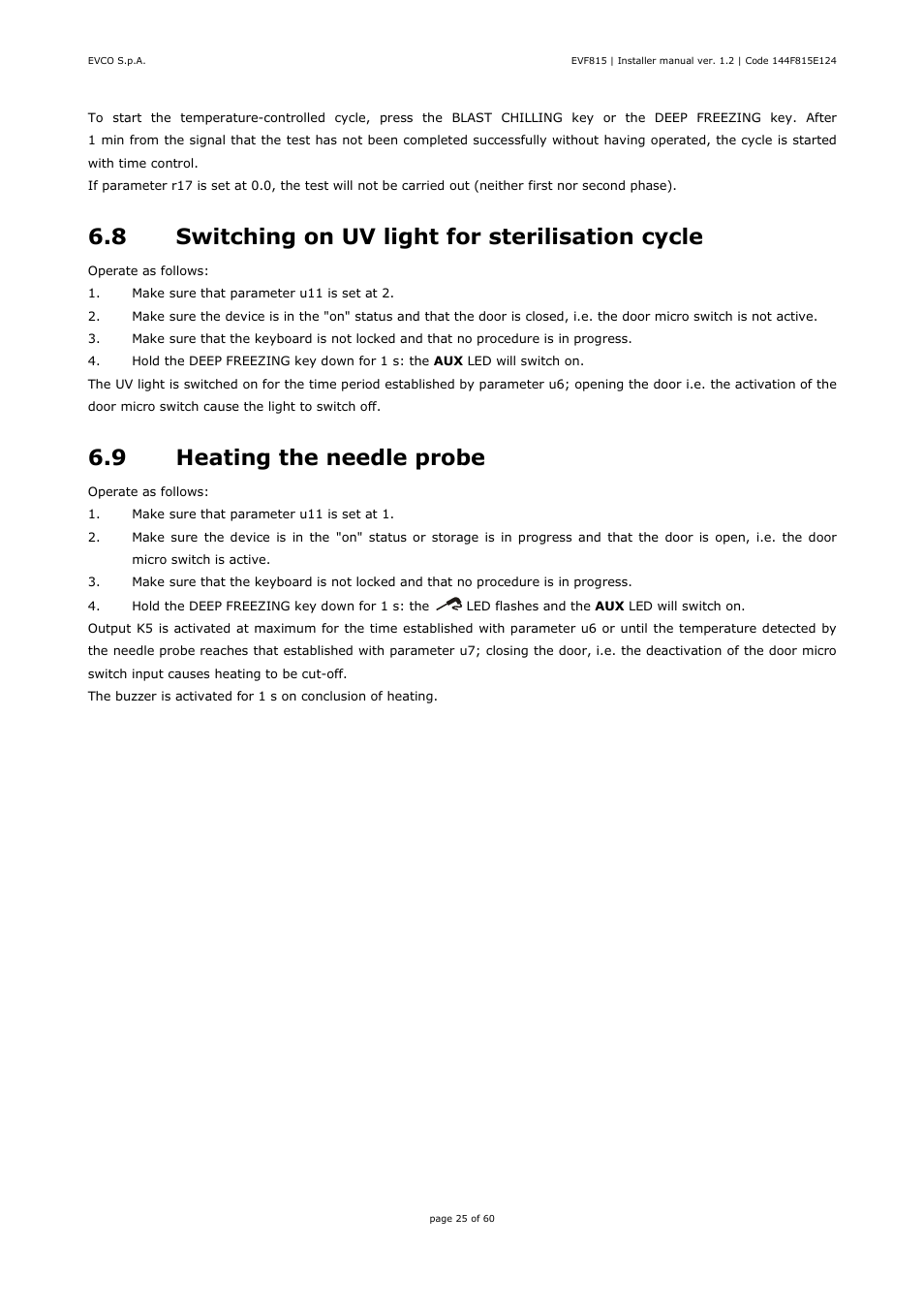 8 switching on uv light for sterilisation cycle, 9 heating the needle probe | EVCO EVF815P9 User Manual | Page 25 / 60