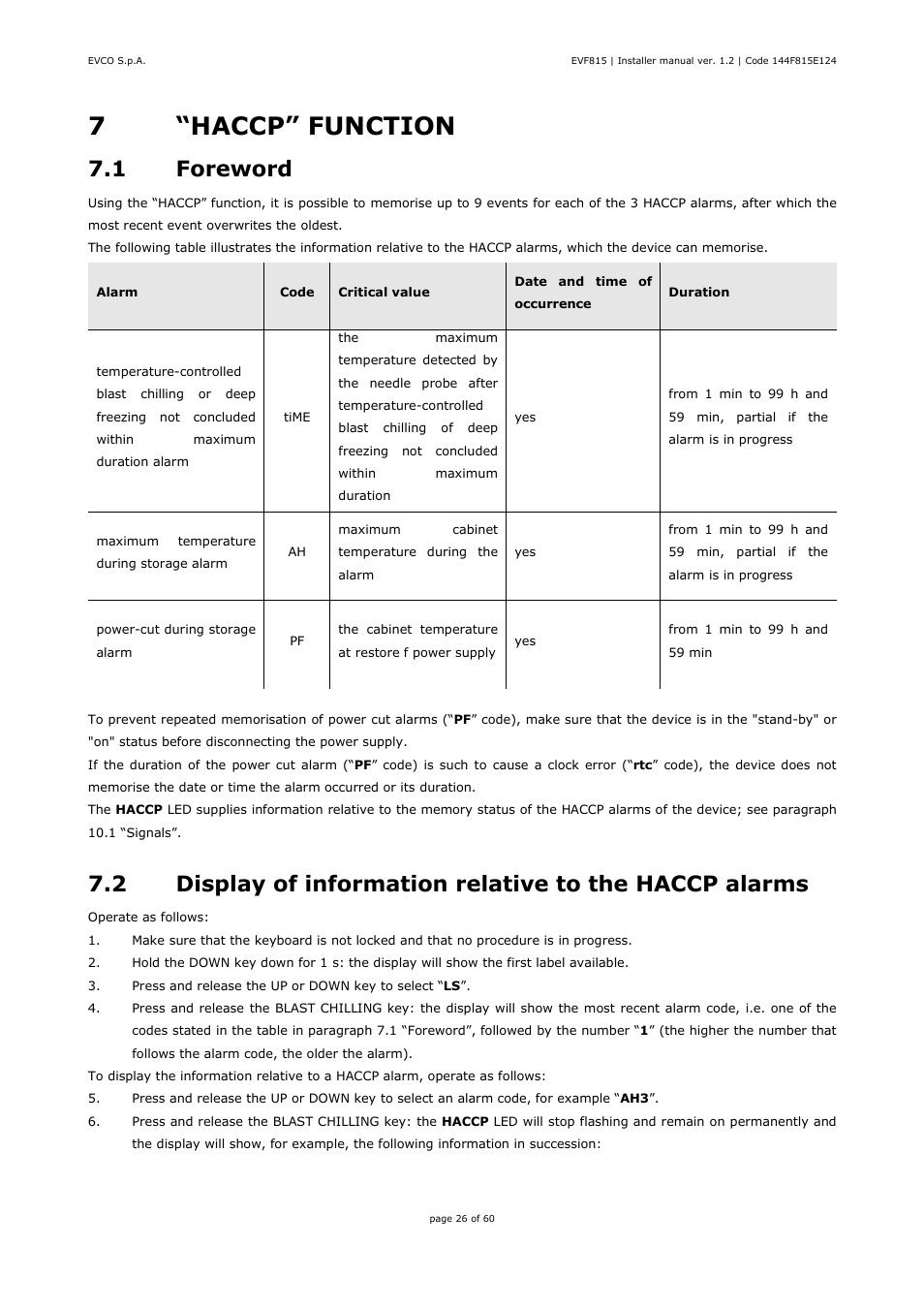 7“haccp” function, 1 foreword | EVCO EVF815P9 User Manual | Page 26 / 60