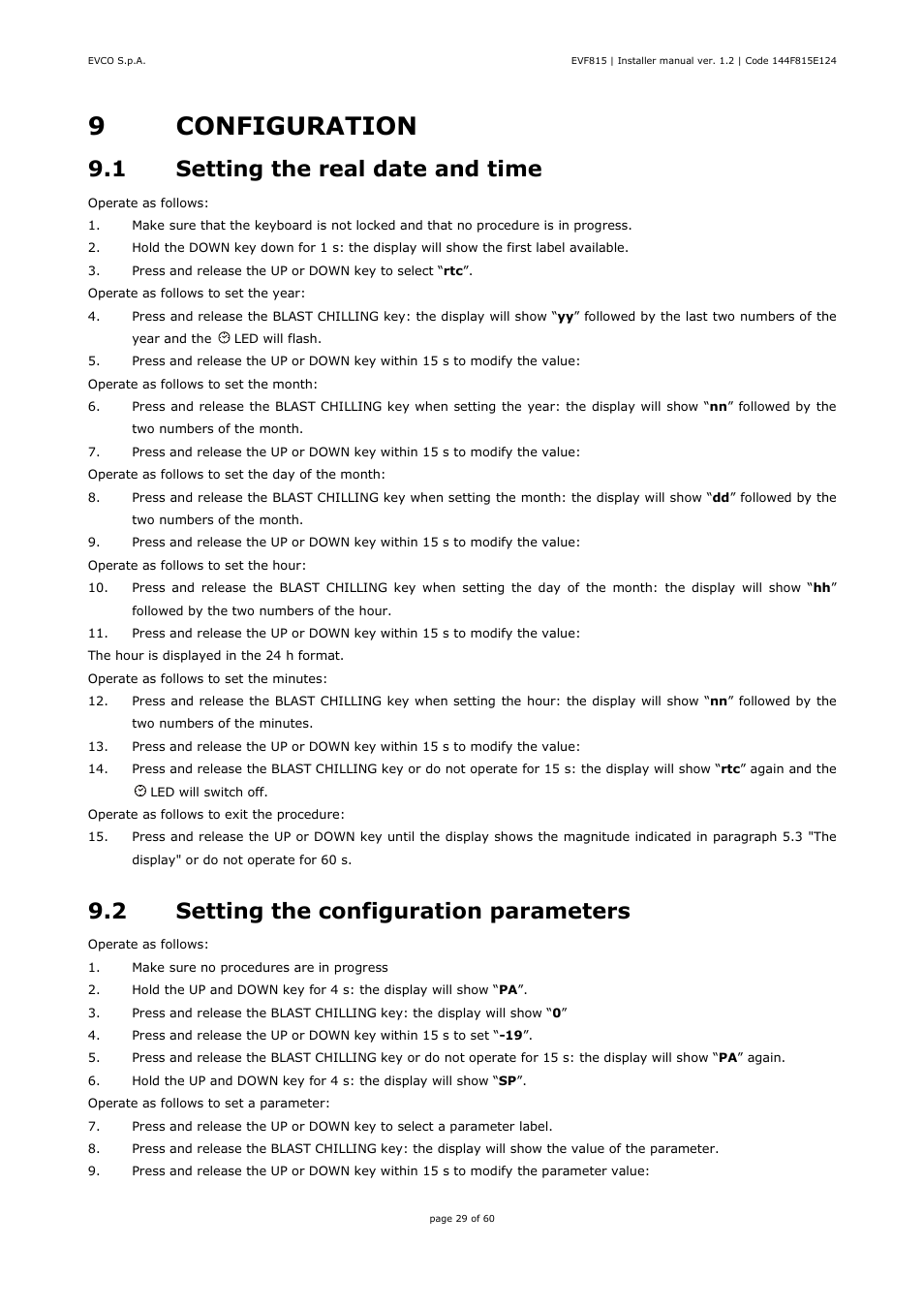 9configuration, 1 setting the real date and time, 2 setting the configuration parameters | EVCO EVF815P9 User Manual | Page 29 / 60