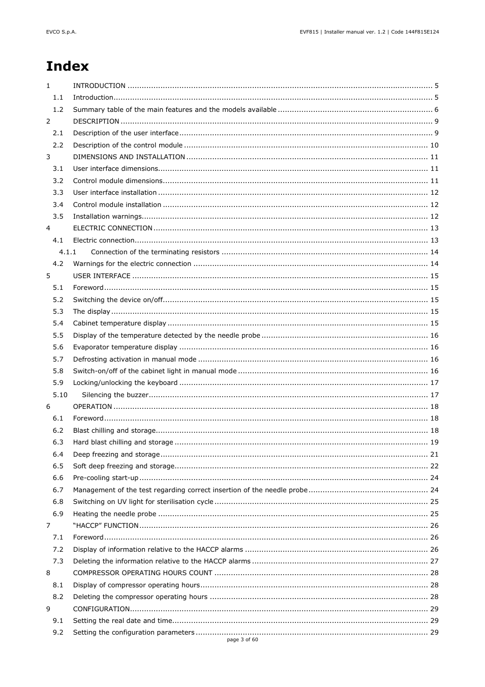 Index | EVCO EVF815P9 User Manual | Page 3 / 60