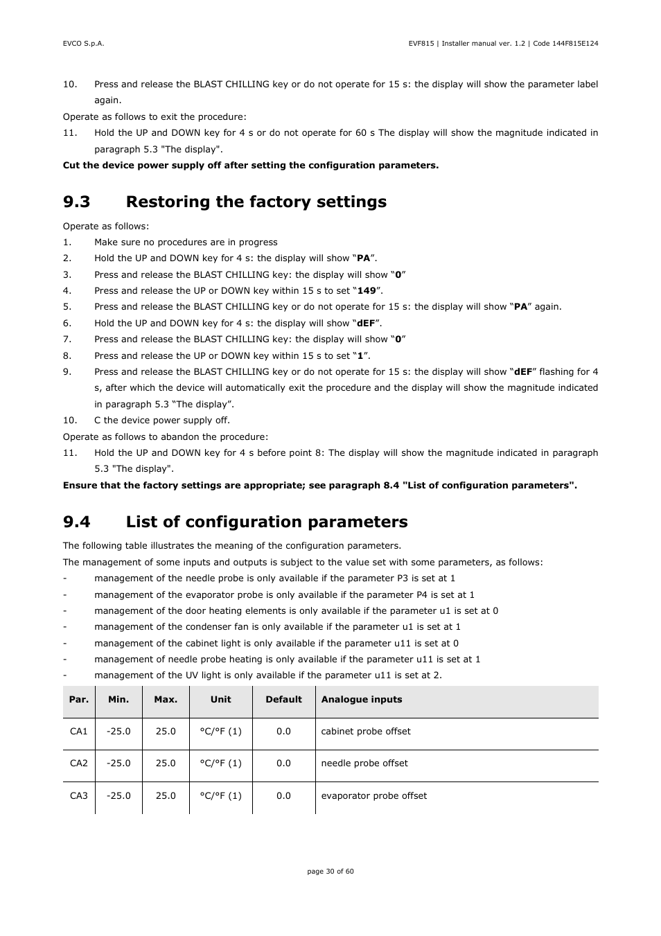 3 restoring the factory settings, 4 list of configuration parameters | EVCO EVF815P9 User Manual | Page 30 / 60