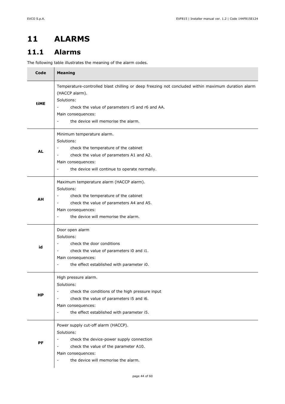 11 alarms, 1 alarms | EVCO EVF815P9 User Manual | Page 44 / 60