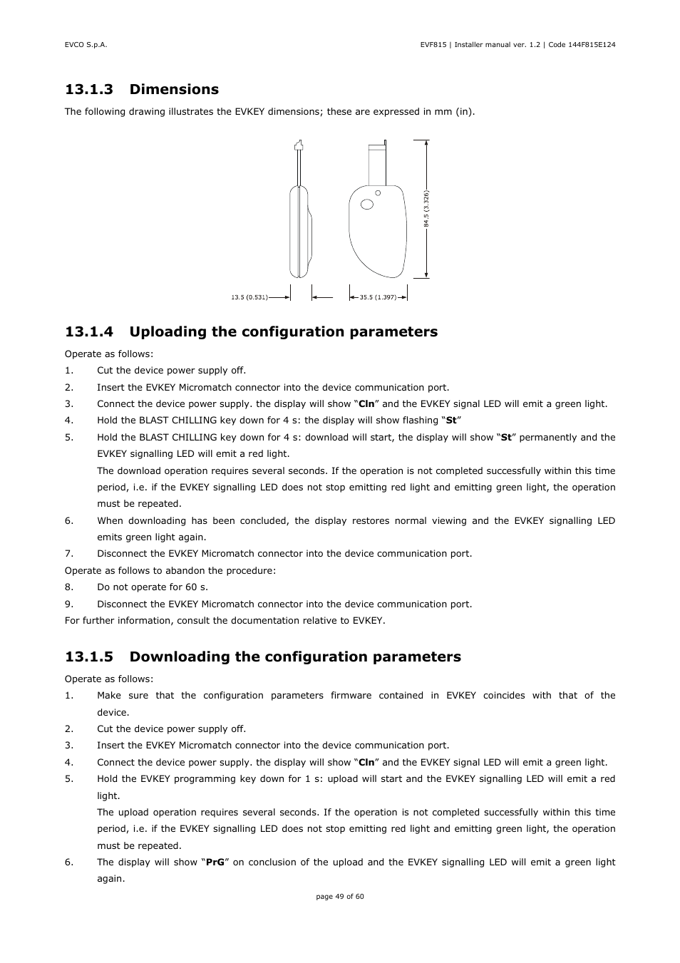 3 dimensions, 4 uploading the configuration parameters, 5 downloading the configuration parameters | EVCO EVF815P9 User Manual | Page 49 / 60