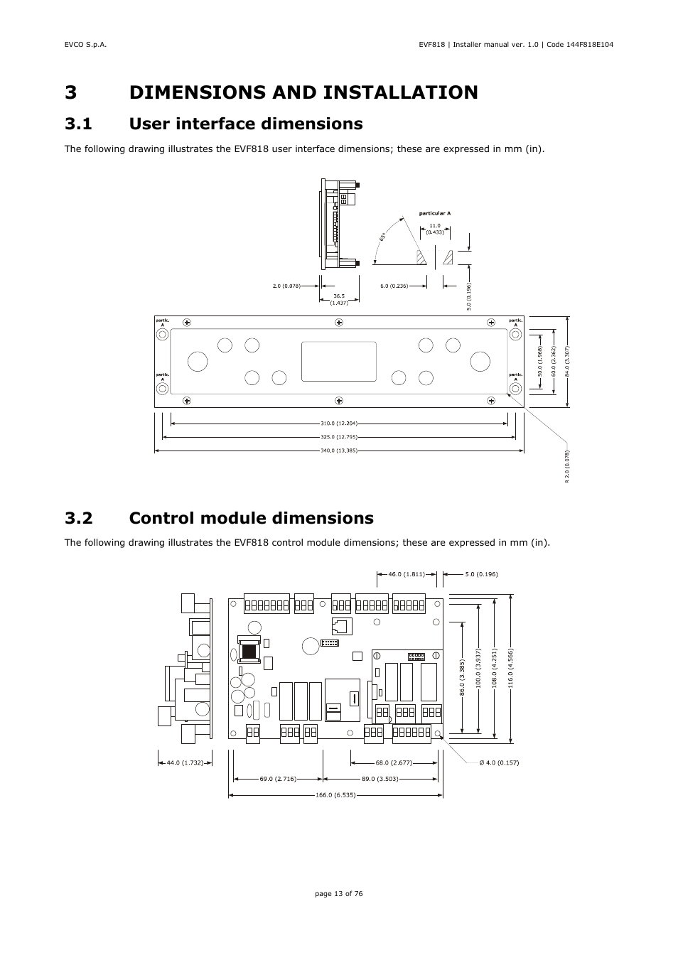 3dimensions and installation, 1 user interface dimensions, 2 control module dimensions | EVCO EVF818P9 User Manual | Page 13 / 76