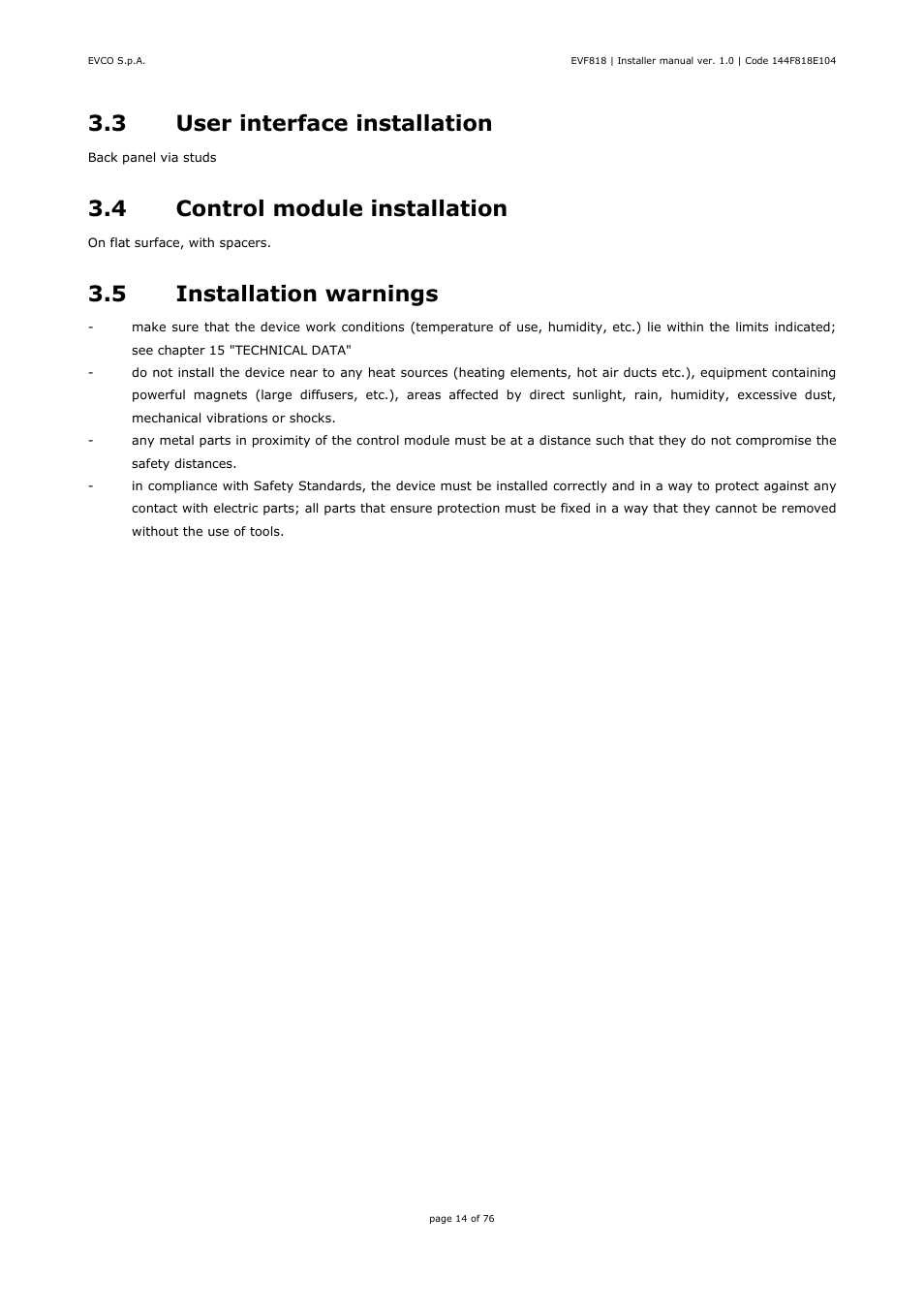 3 user interface installation, 4 control module installation, 5 installation warnings | EVCO EVF818P9 User Manual | Page 14 / 76