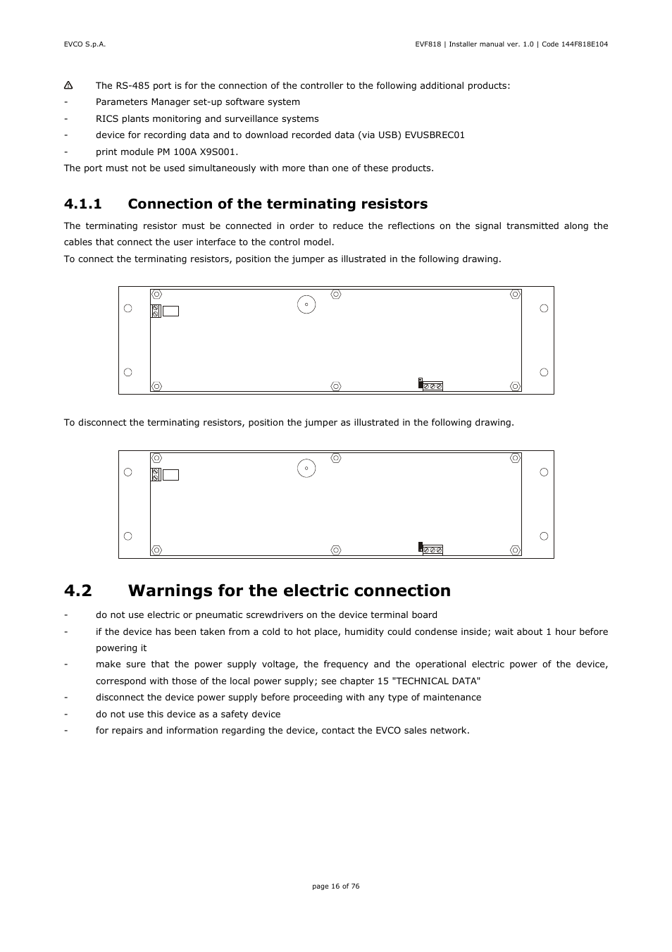 2 warnings for the electric connection, 1 connection of the terminating resistors | EVCO EVF818P9 User Manual | Page 16 / 76