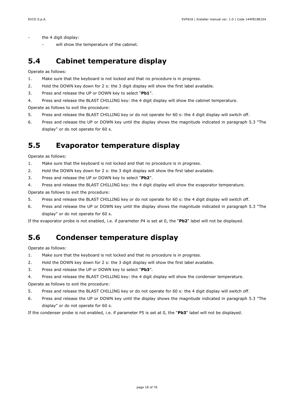 4 cabinet temperature display, 5 evaporator temperature display, 6 condenser temperature display | EVCO EVF818P9 User Manual | Page 18 / 76