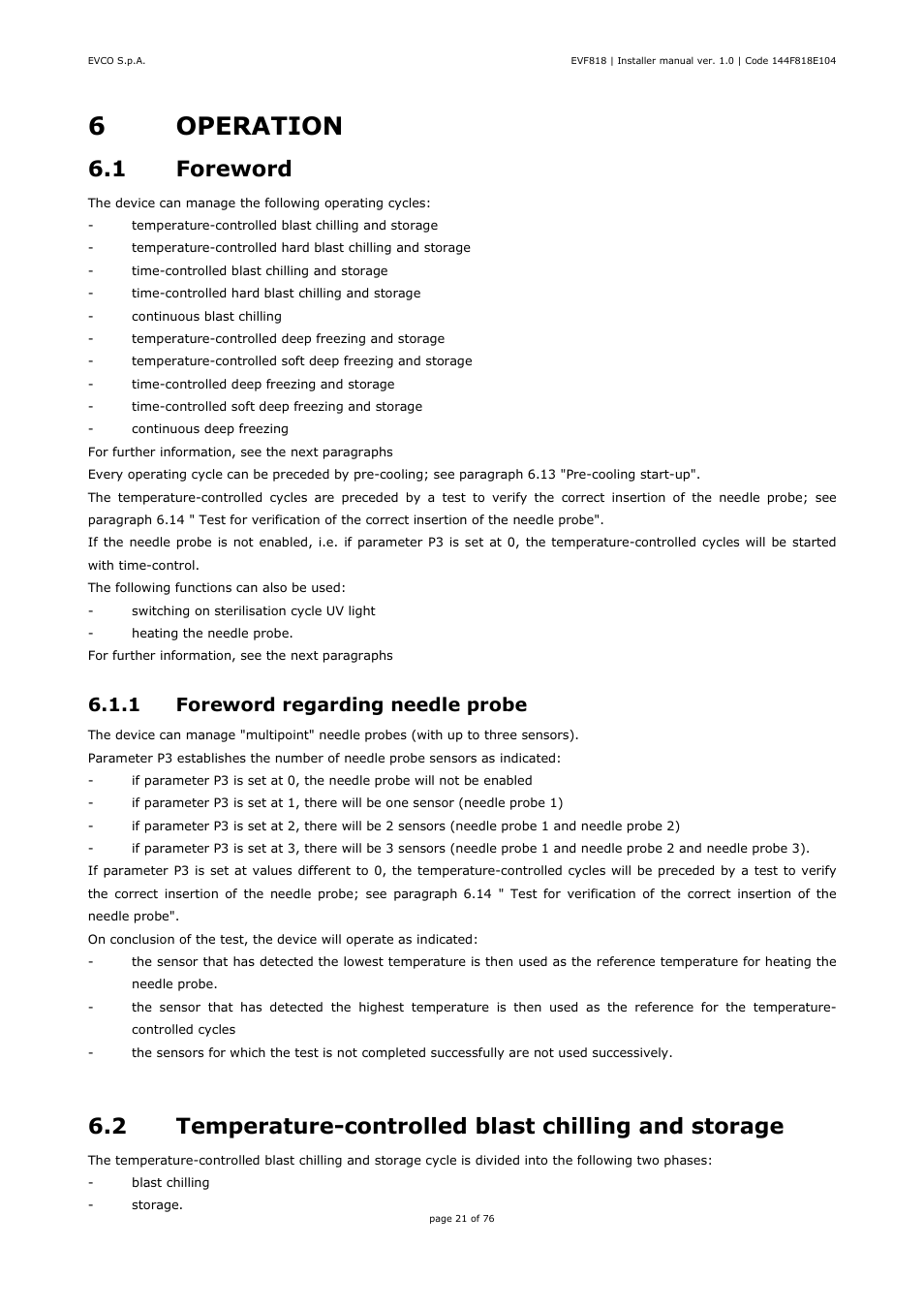 6operation, 1 foreword, 1 foreword regarding needle probe | EVCO EVF818P9 User Manual | Page 21 / 76