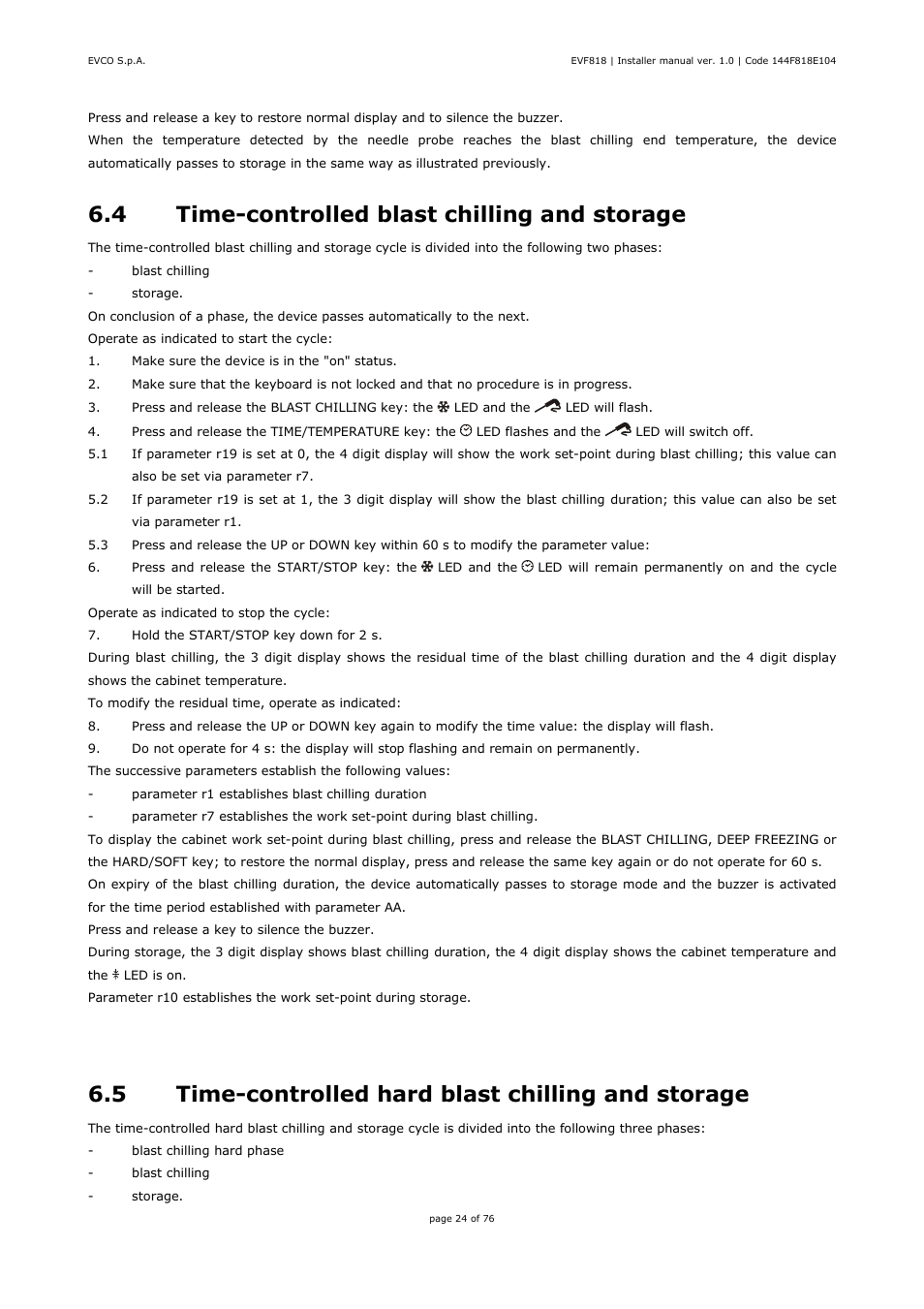 4 time-controlled blast chilling and storage, 5 time-controlled hard blast chilling and storage | EVCO EVF818P9 User Manual | Page 24 / 76