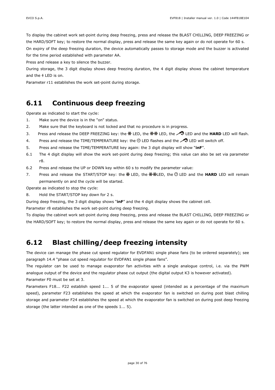 11 continuous deep freezing, 12 blast chilling/deep freezing intensity | EVCO EVF818P9 User Manual | Page 30 / 76