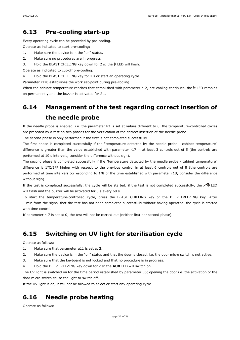 13 pre-cooling start-up, 15 switching on uv light for sterilisation cycle, 16 needle probe heating | EVCO EVF818P9 User Manual | Page 32 / 76