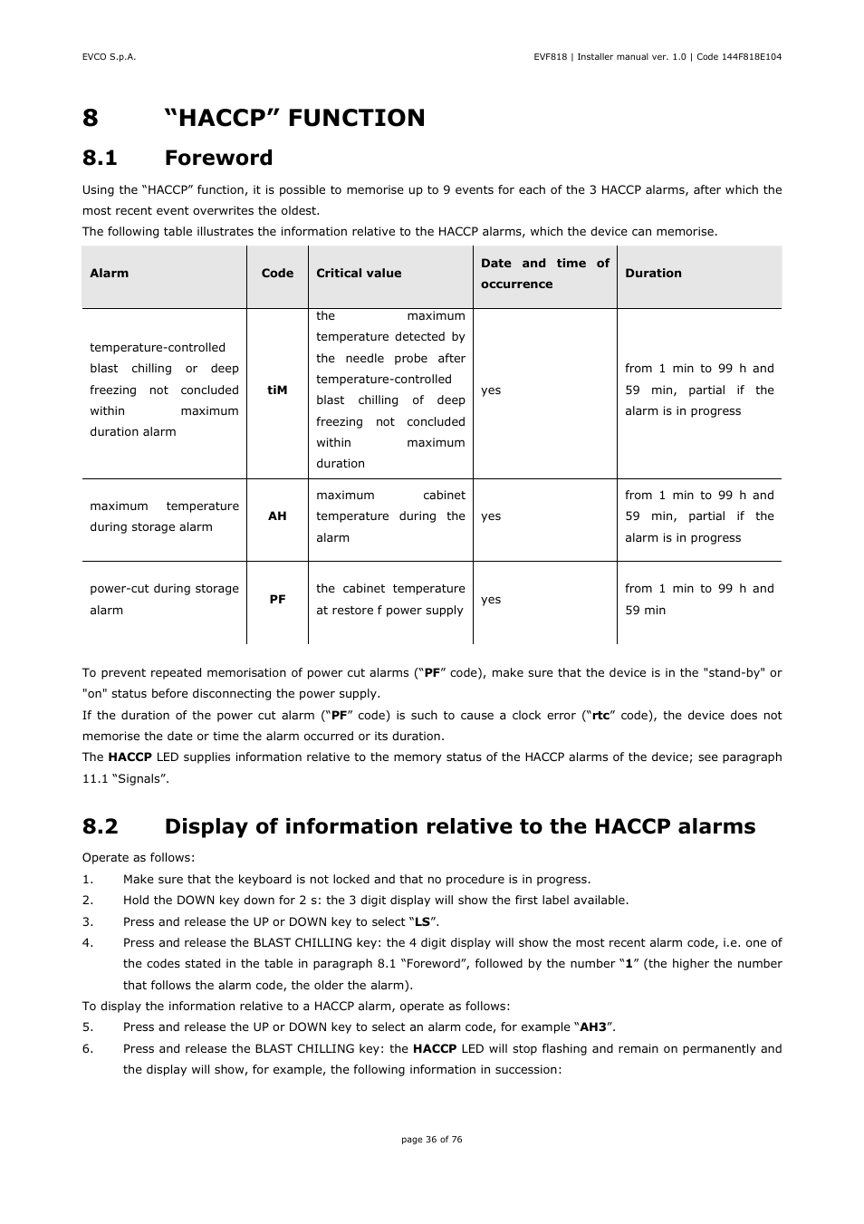 8“haccp” function, 1 foreword | EVCO EVF818P9 User Manual | Page 36 / 76