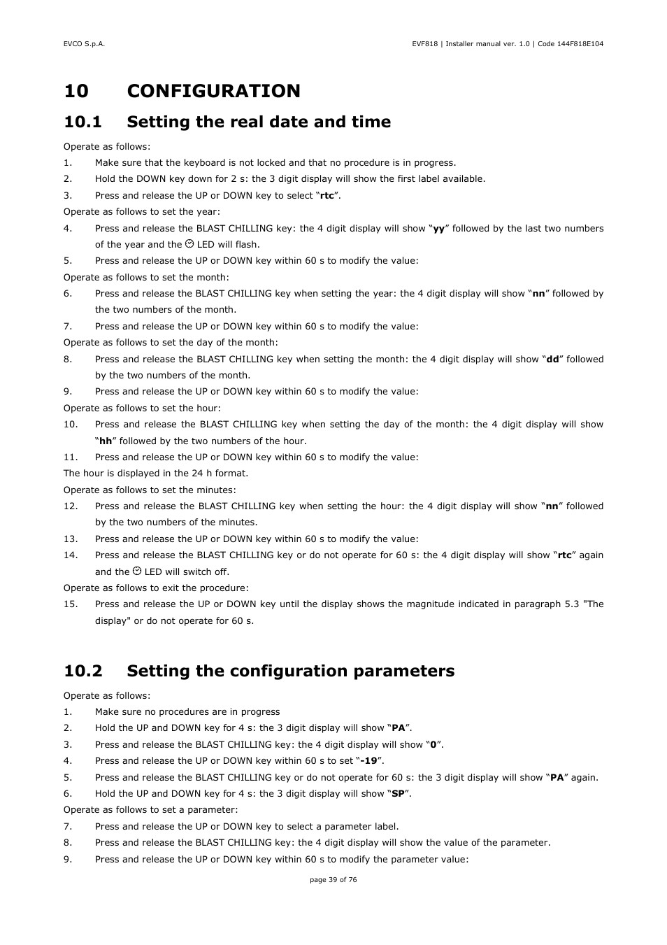 10 configuration, 1 setting the real date and time, 2 setting the configuration parameters | EVCO EVF818P9 User Manual | Page 39 / 76