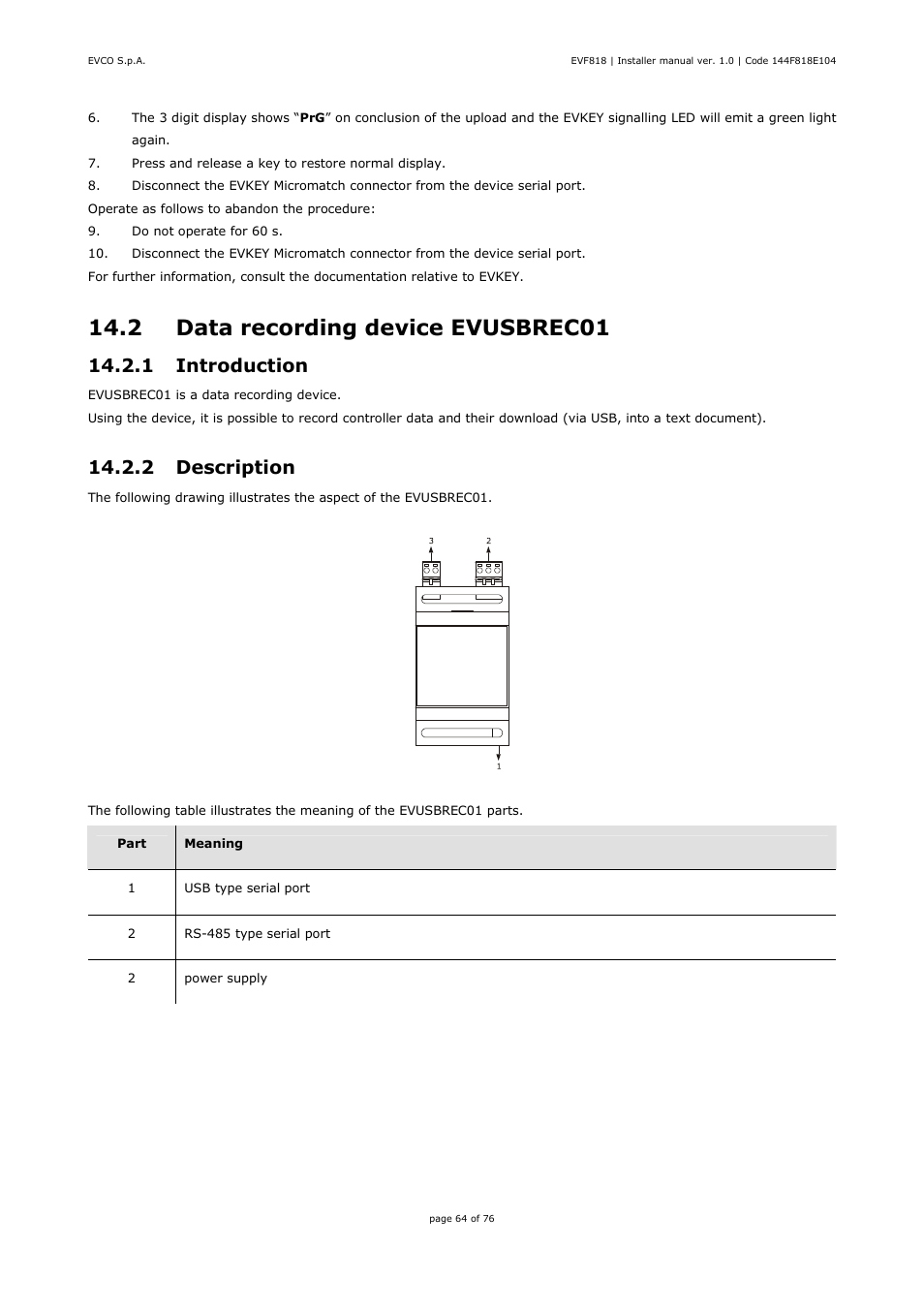 2 data recording device evusbrec01, 1 introduction, 2 description | EVCO EVF818P9 User Manual | Page 64 / 76