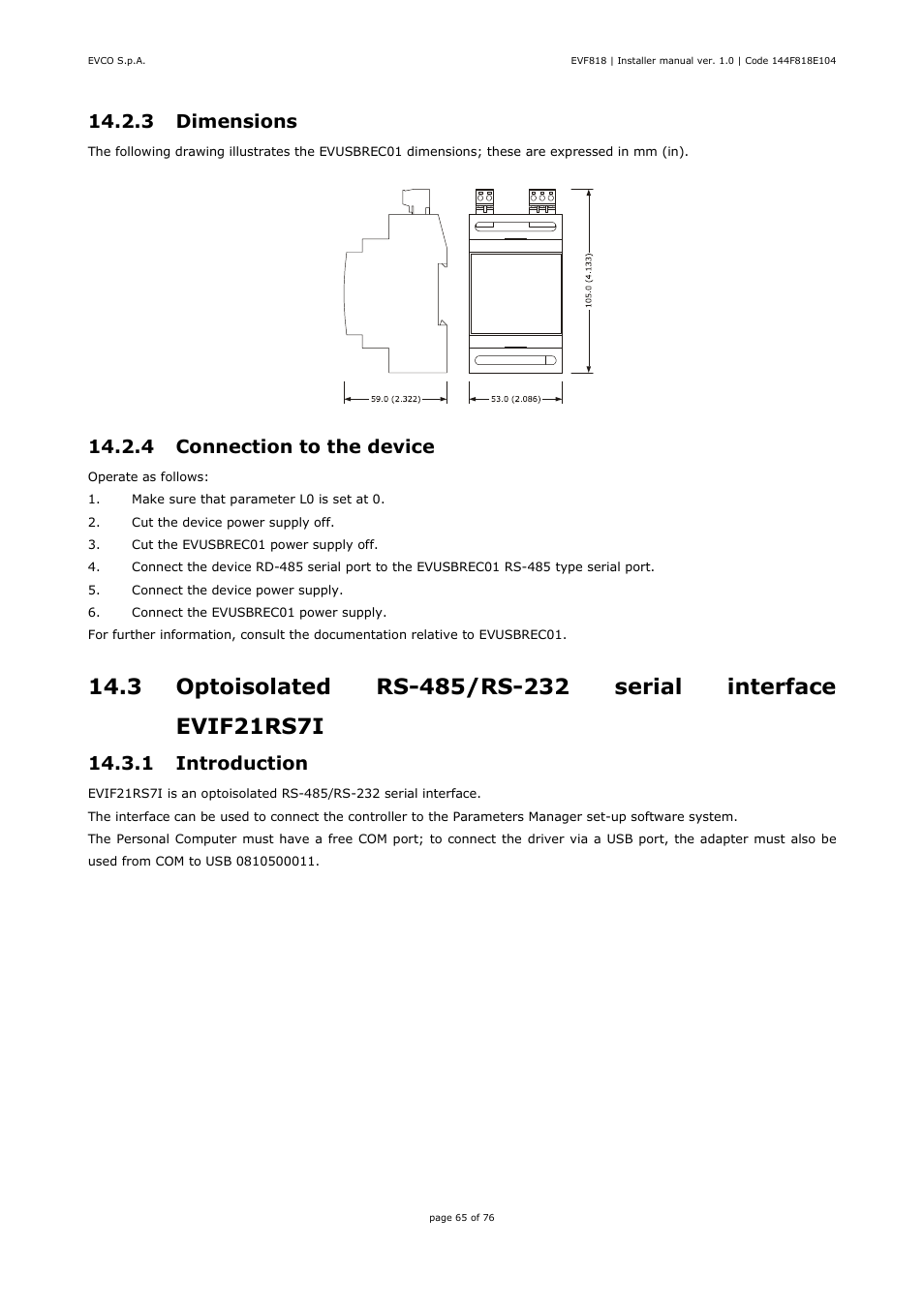 3 dimensions, 4 connection to the device, 1 introduction | EVCO EVF818P9 User Manual | Page 65 / 76