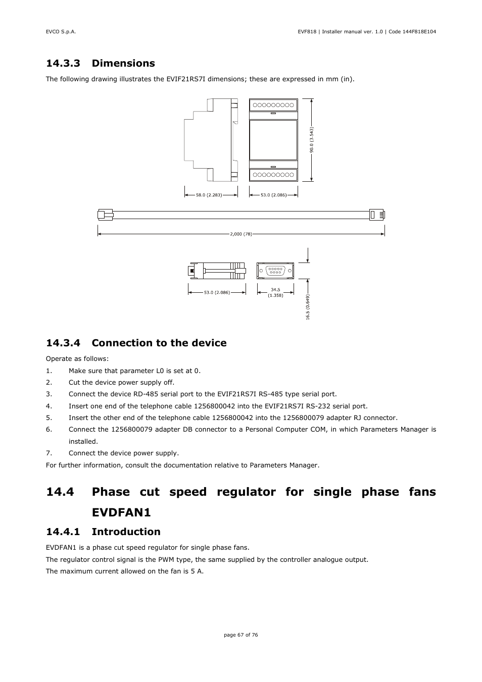 3 dimensions, 4 connection to the device, 1 introduction | EVCO EVF818P9 User Manual | Page 67 / 76