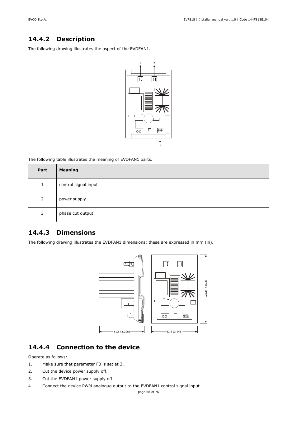 2 description, 3 dimensions, 4 connection to the device | EVCO EVF818P9 User Manual | Page 68 / 76