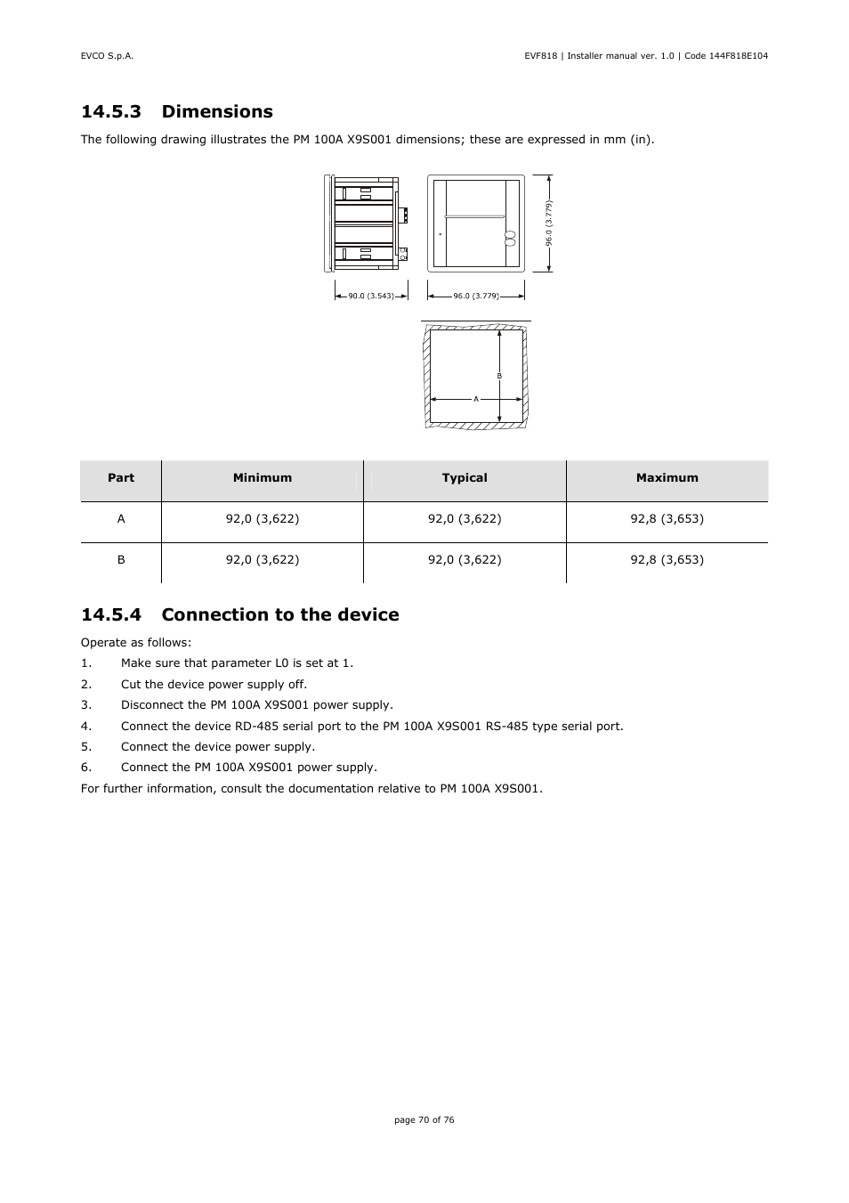 3 dimensions, 4 connection to the device | EVCO EVF818P9 User Manual | Page 70 / 76