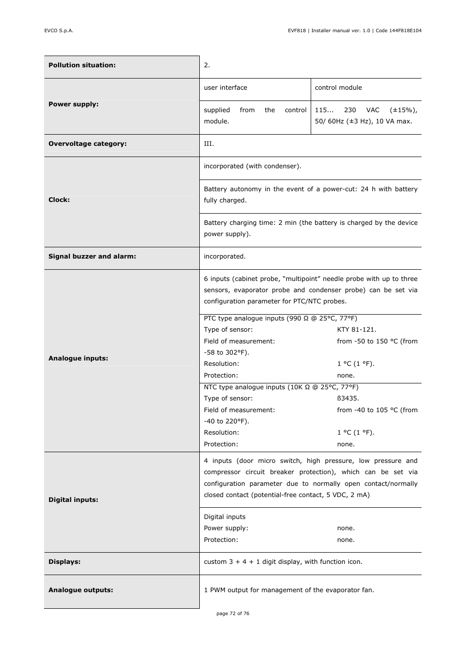 EVCO EVF818P9 User Manual | Page 72 / 76