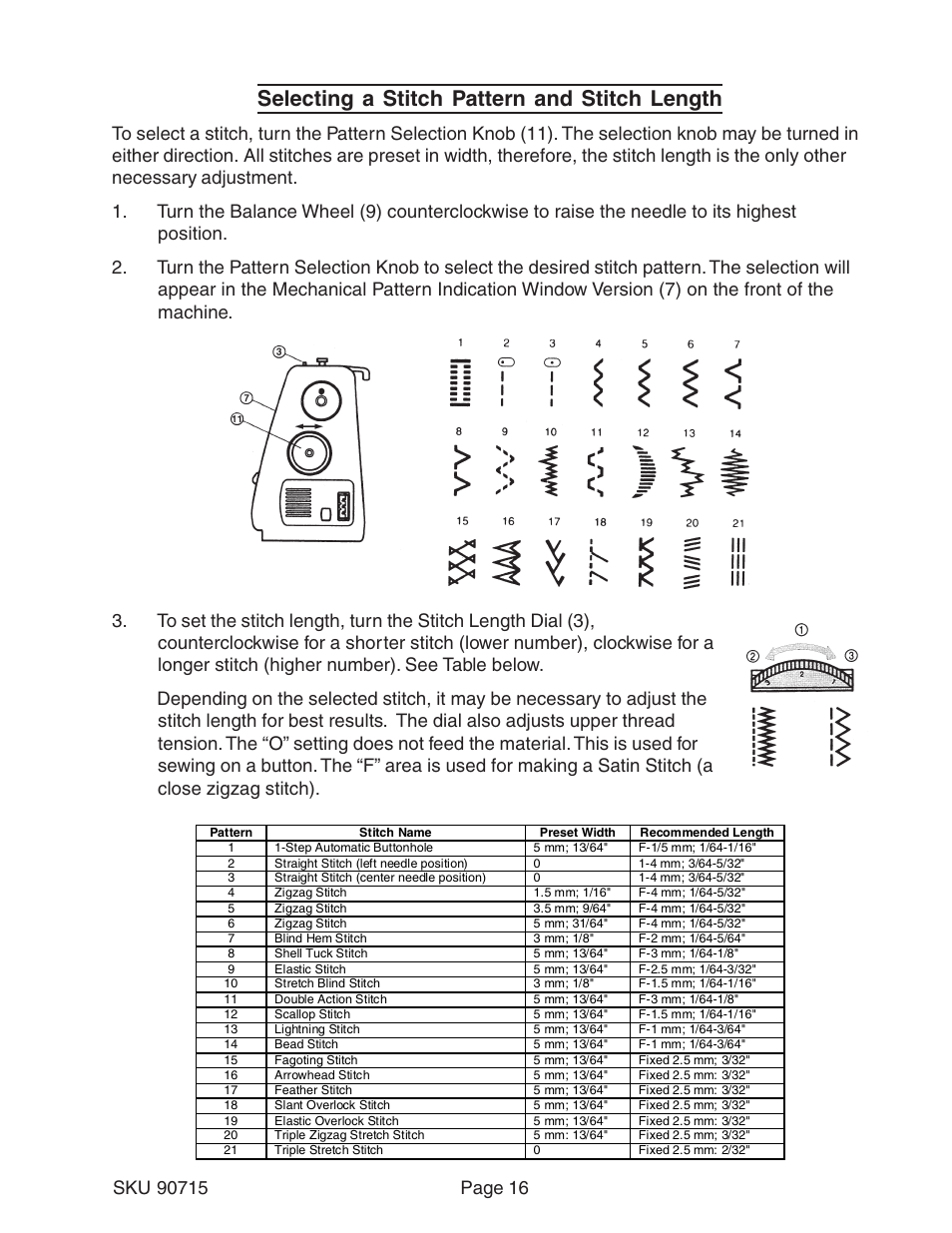 Selecting a stitch pattern and stitch length | Chicago Electric 90715 User Manual | Page 16 / 42