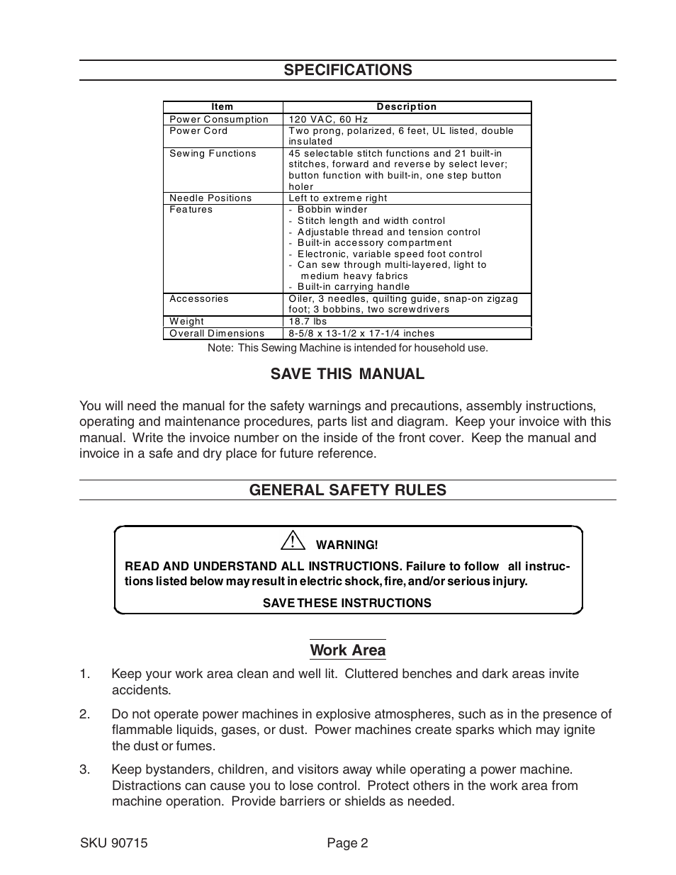 Specifications, Save this manual, General safety rules | Work area | Chicago Electric 90715 User Manual | Page 2 / 42