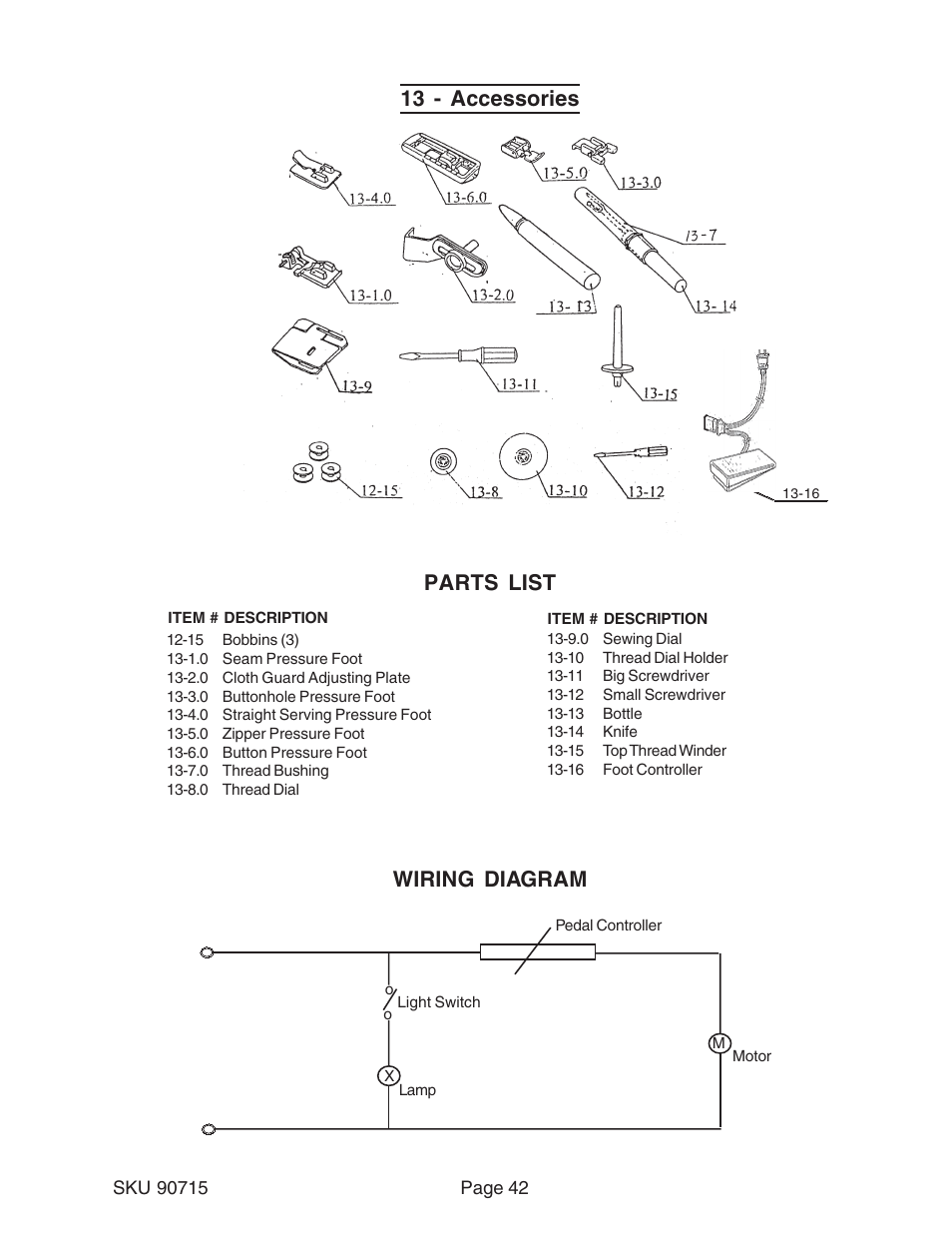 13 - accessories, Parts list, Wiring diagram | Chicago Electric 90715 User Manual | Page 42 / 42