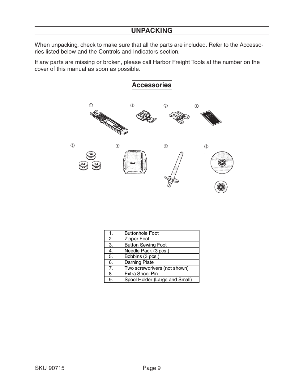 Unpacking, Accessories | Chicago Electric 90715 User Manual | Page 9 / 42