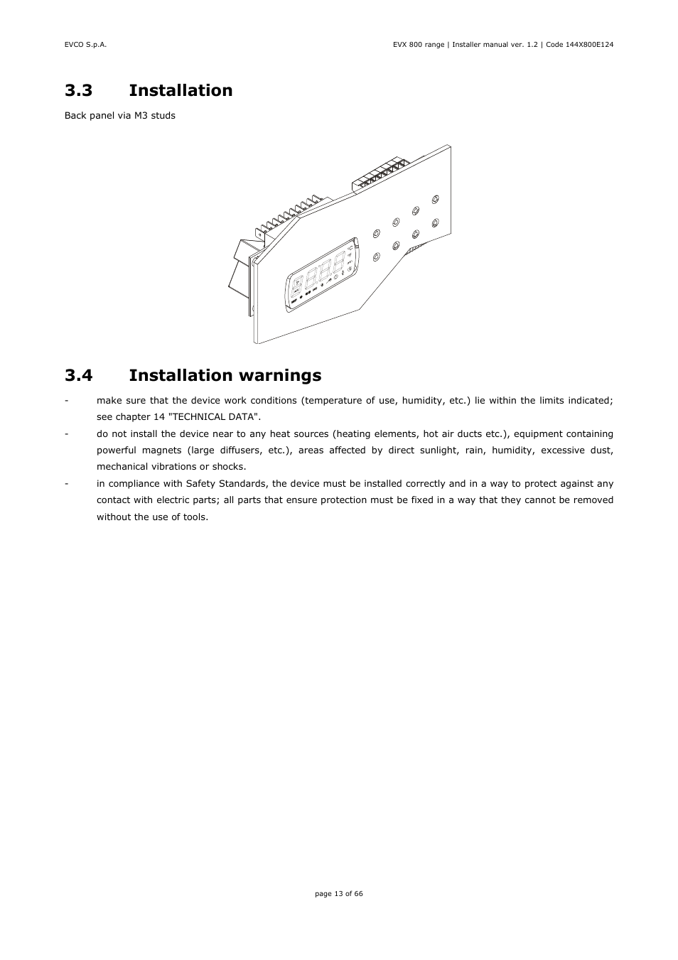 3 installation, 4 installation warnings | EVCO EVX815P7 Installer manual User Manual | Page 13 / 66