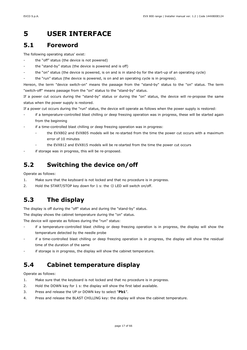 5user interface, 1 foreword, 2 switching the device on/off | 3 the display, 4 cabinet temperature display | EVCO EVX815P7 Installer manual User Manual | Page 17 / 66