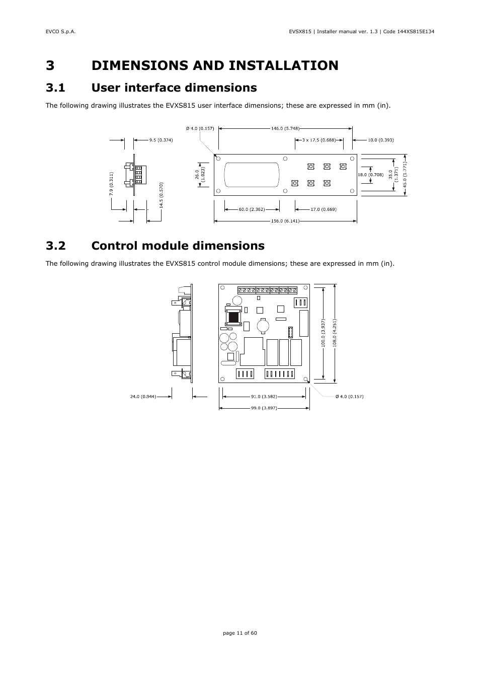3dimensions and installation, 1 user interface dimensions, 2 control module dimensions | EVCO EVXS815P9 Installer manual User Manual | Page 11 / 60
