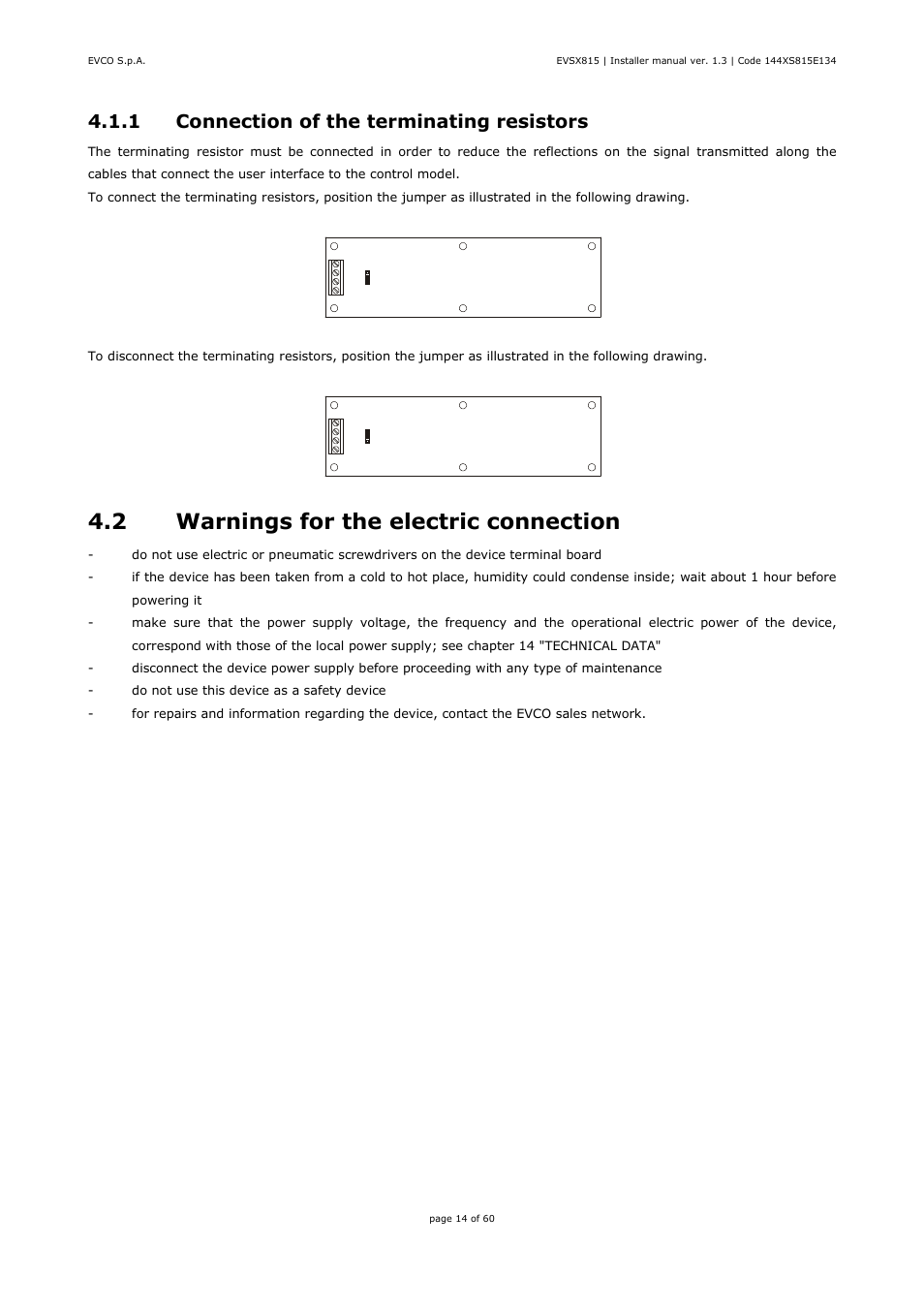 2 warnings for the electric connection, 1 connection of the terminating resistors | EVCO EVXS815P9 Installer manual User Manual | Page 14 / 60