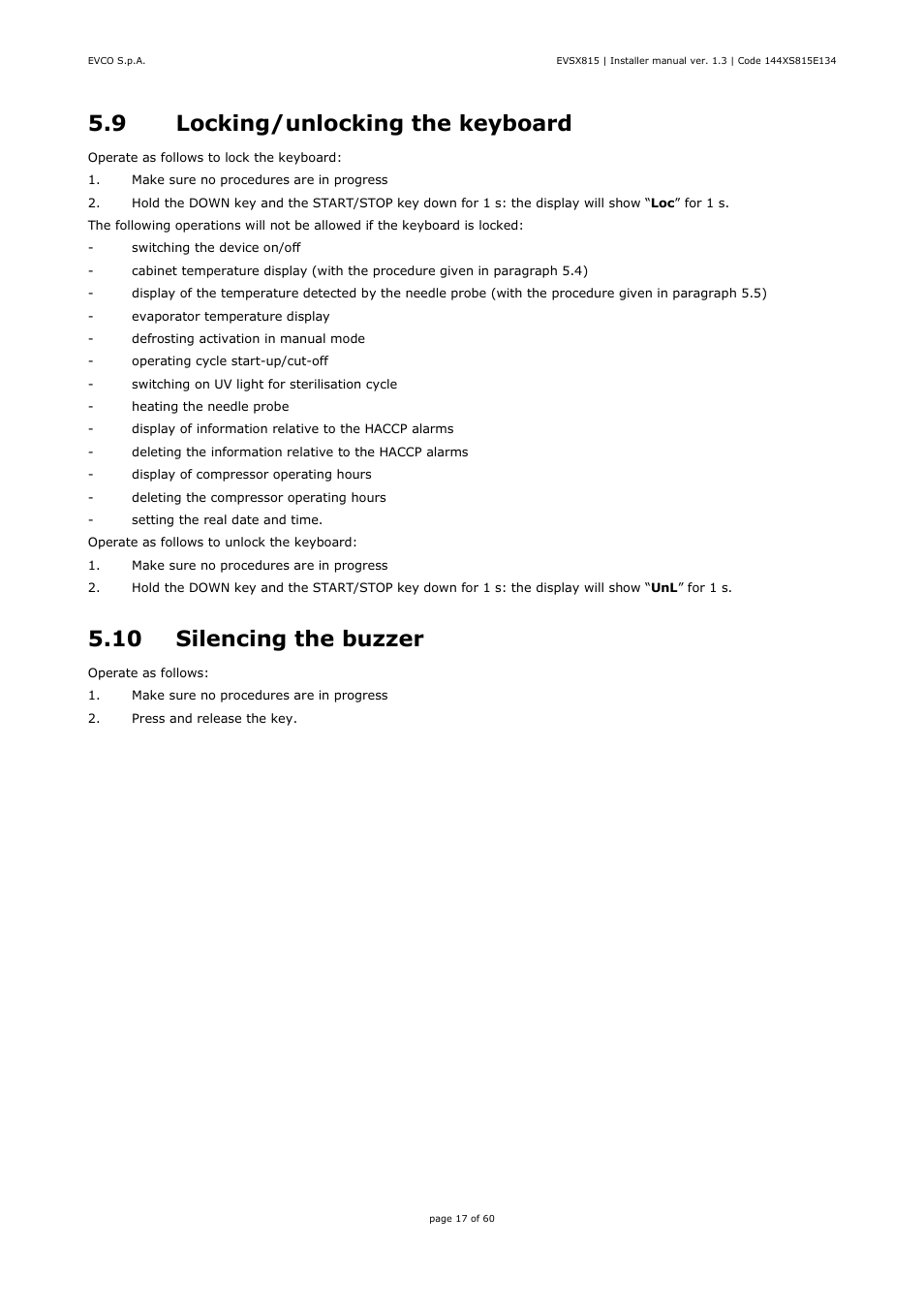 9 locking/unlocking the keyboard, 10 silencing the buzzer | EVCO EVXS815P9 Installer manual User Manual | Page 17 / 60