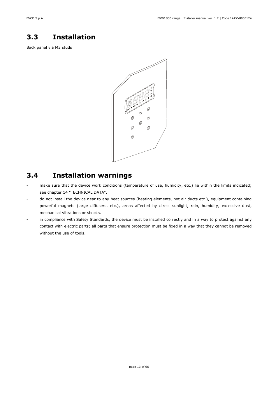 3 installation, 4 installation warnings | EVCO EVXV815P7 Installer manual User Manual | Page 13 / 66