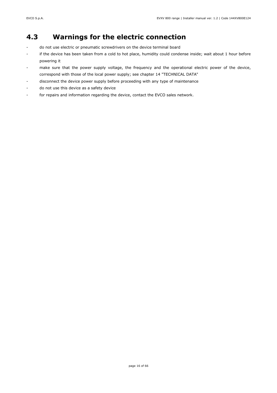 3 warnings for the electric connection | EVCO EVXV815P7 Installer manual User Manual | Page 16 / 66