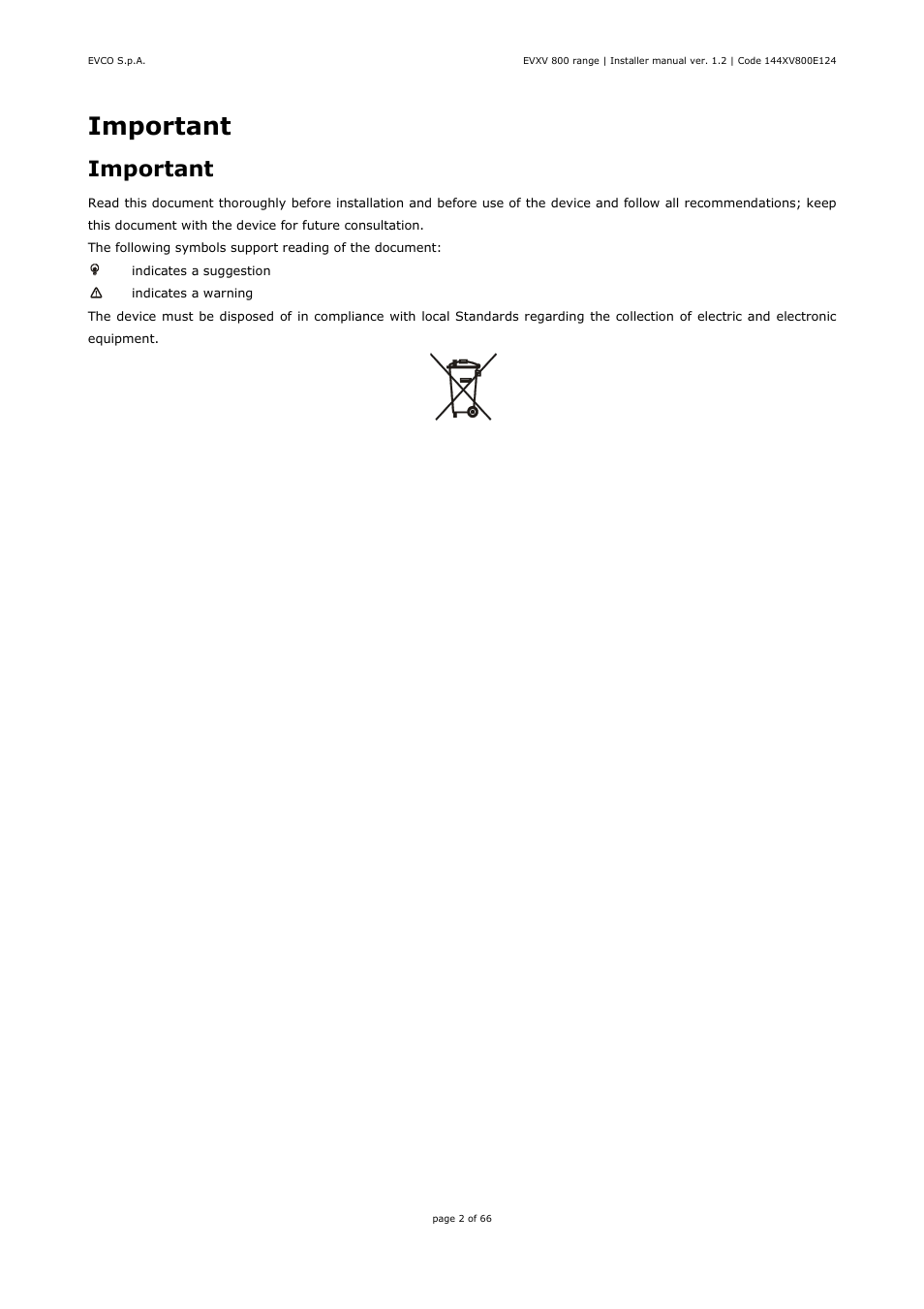 Important | EVCO EVXV815P7 Installer manual User Manual | Page 2 / 66