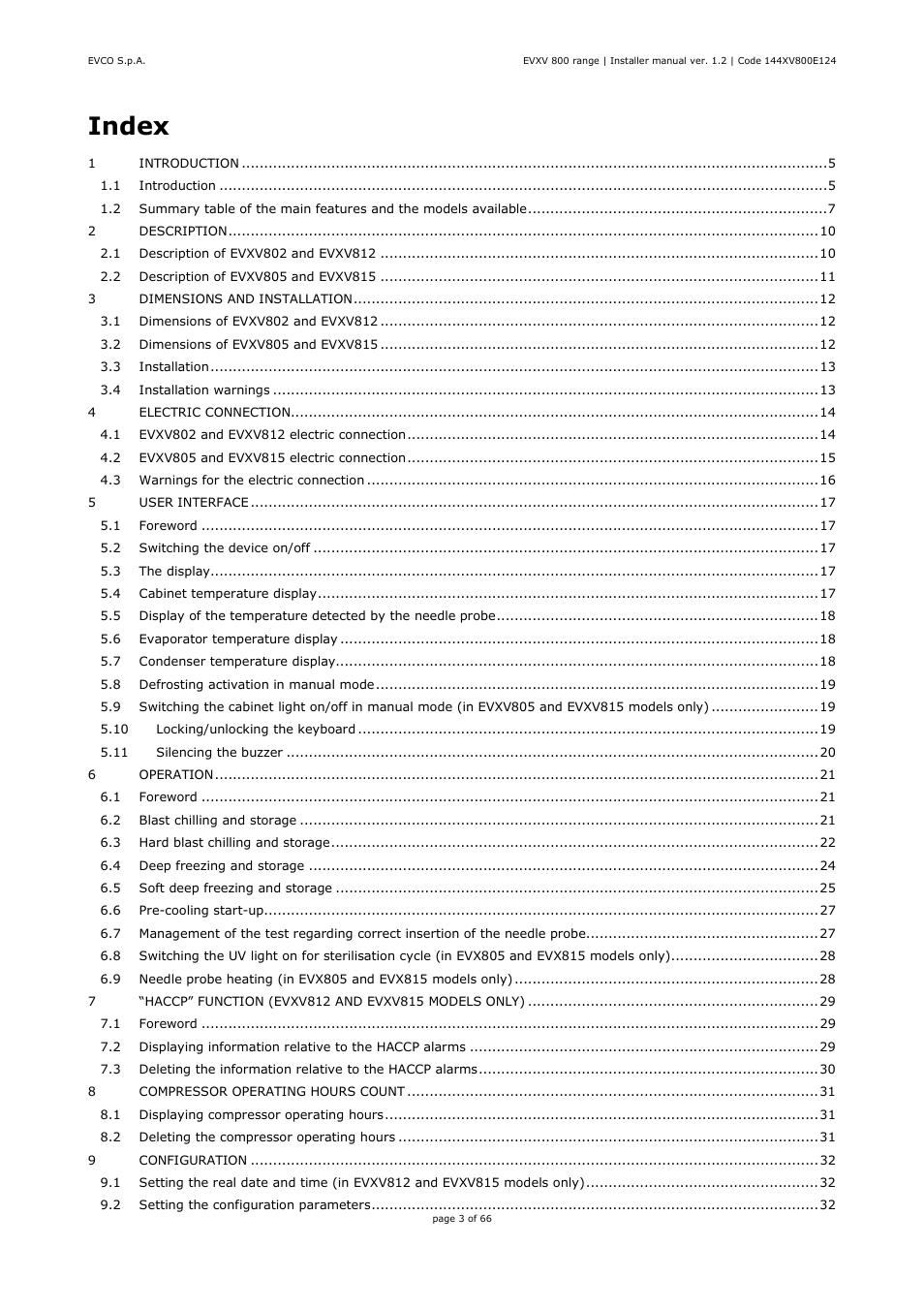 Index | EVCO EVXV815P7 Installer manual User Manual | Page 3 / 66