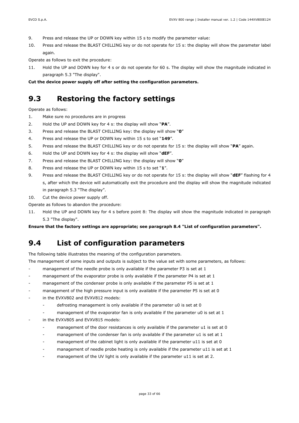 3 restoring the factory settings, 4 list of configuration parameters | EVCO EVXV815P7 Installer manual User Manual | Page 33 / 66