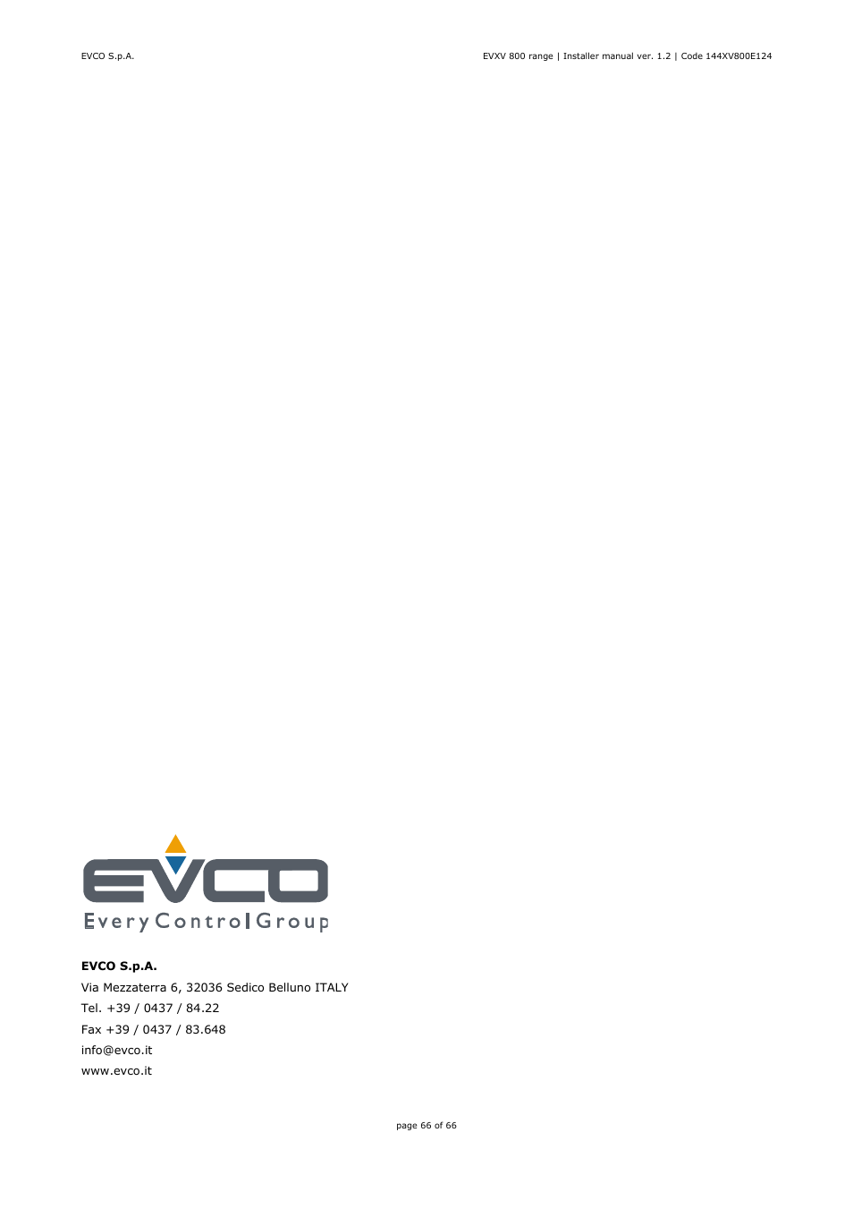 EVCO EVXV815P7 Installer manual User Manual | Page 66 / 66