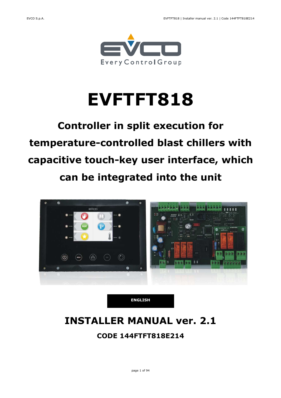 EVCO EVFTFT818P7U Installer manual User Manual | 94 pages