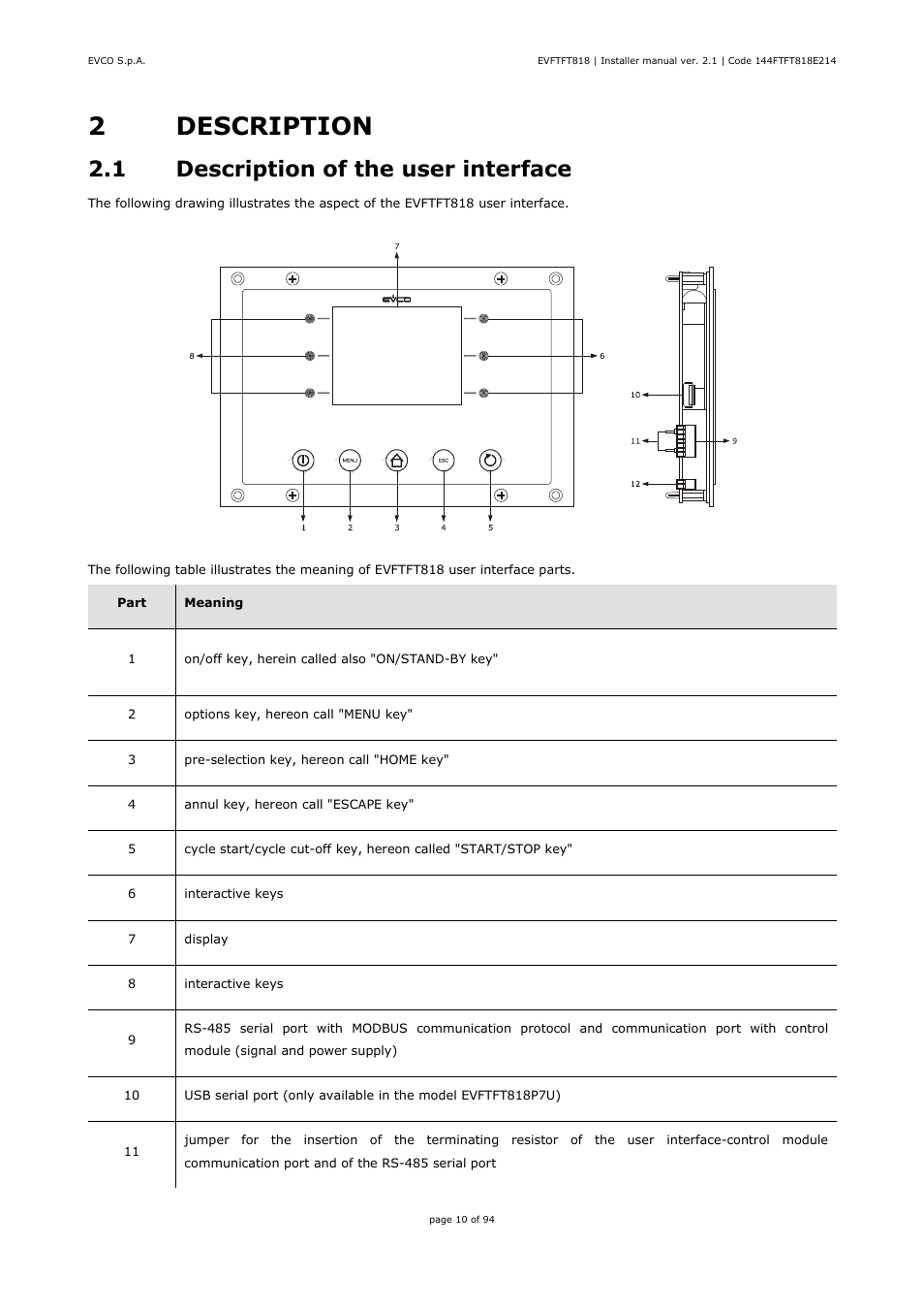 2description, 1 description of the user interface | EVCO EVFTFT818P7U Installer manual User Manual | Page 10 / 94