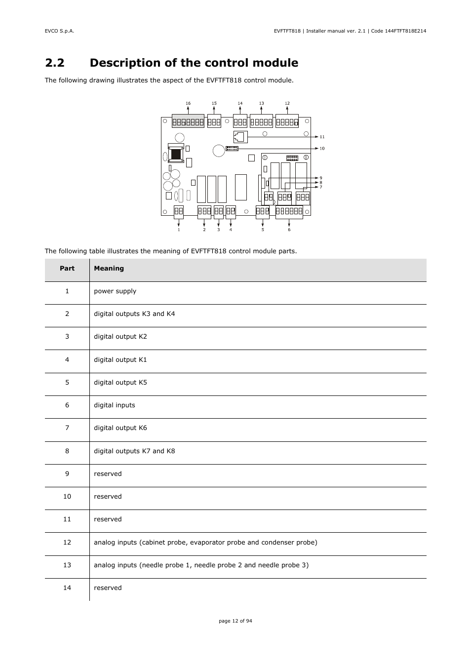2 description of the control module | EVCO EVFTFT818P7U Installer manual User Manual | Page 12 / 94