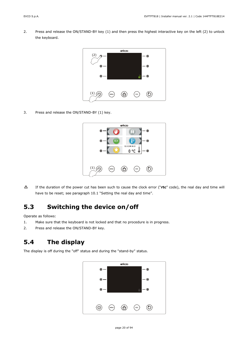 3 switching the device on/off, 4 the display | EVCO EVFTFT818P7U Installer manual User Manual | Page 20 / 94