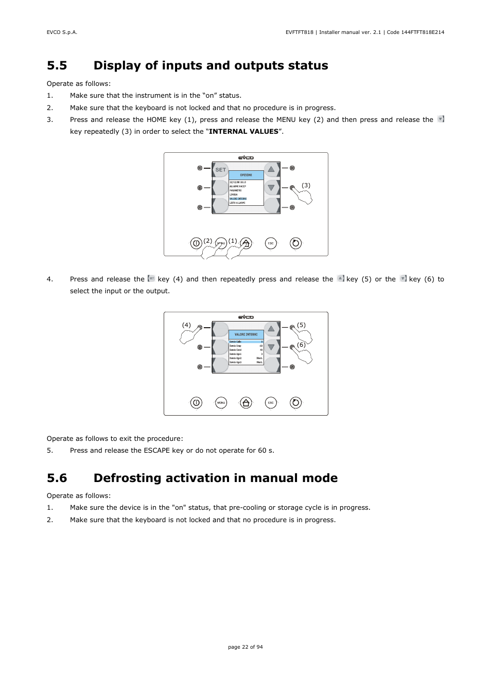 5 display of inputs and outputs status, 6 defrosting activation in manual mode | EVCO EVFTFT818P7U Installer manual User Manual | Page 22 / 94